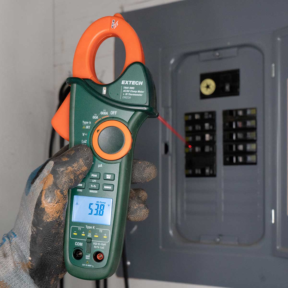 Extech EX623A True RMS-strömtång med IR-termometer, 2 typ K-ingångar